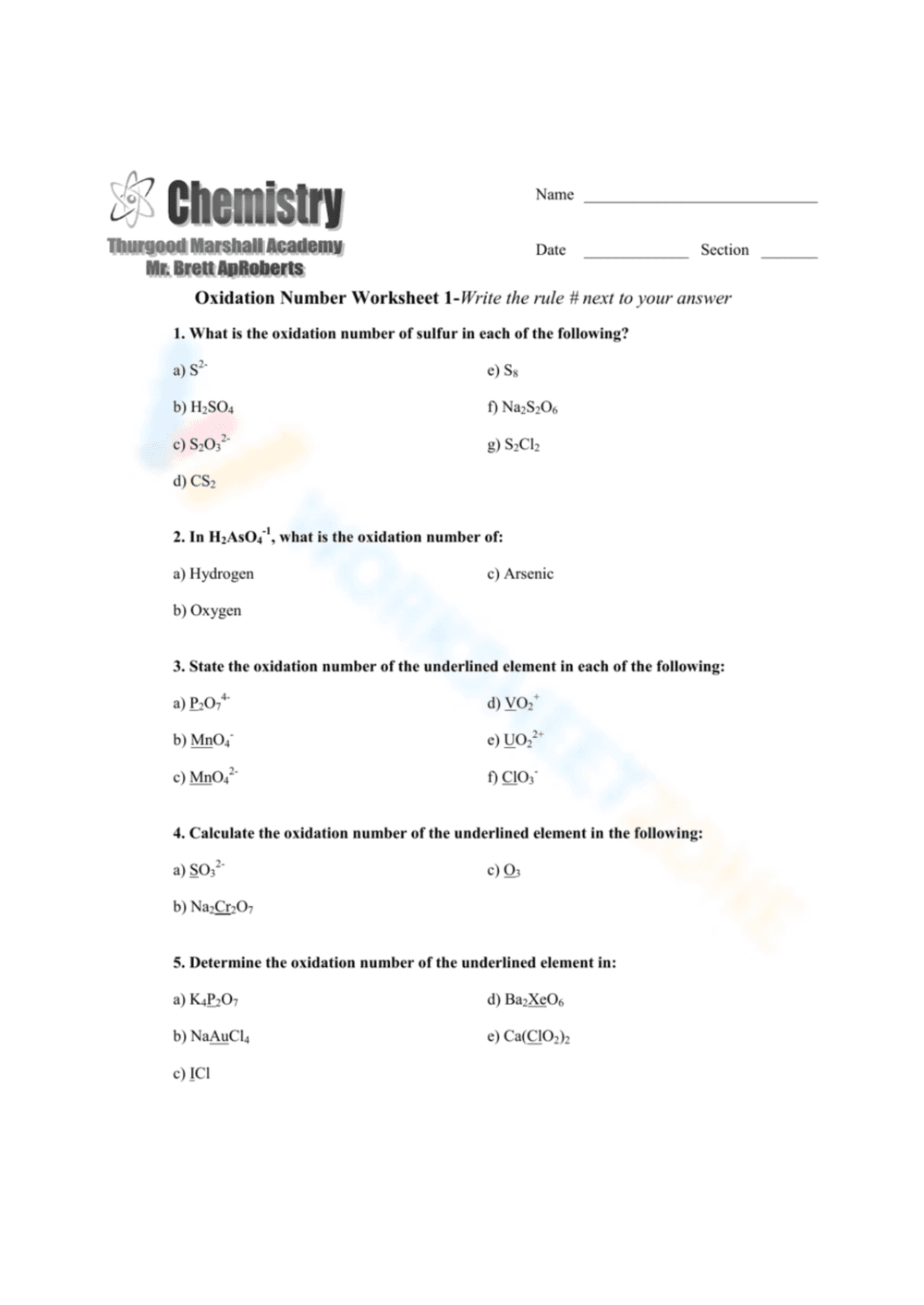 Assigning Oxidation Number Worksheet 2 - Page 1