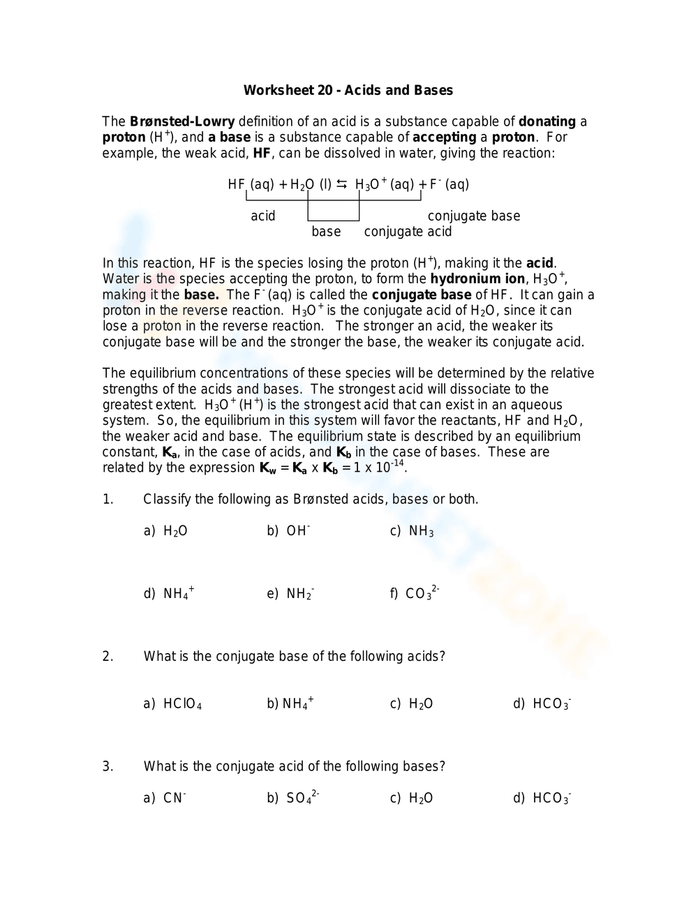 Acids and Bases Worksheet - Page 1