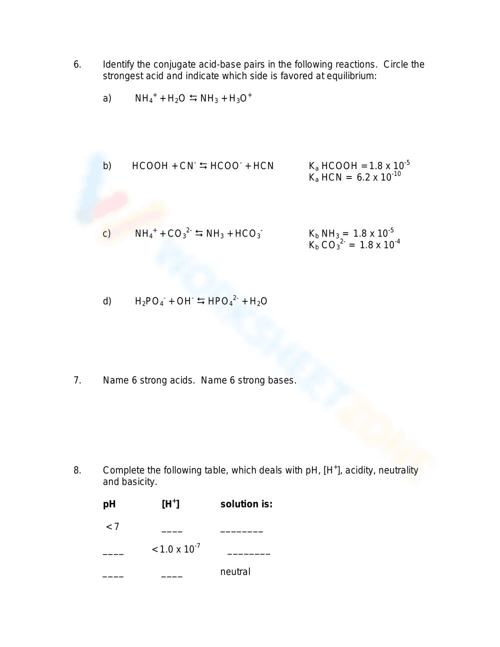 Acids and Bases Worksheet - Page 3