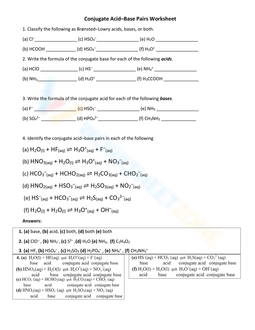 Conjugate Acid-Base Pairs Worksheet - Page 1