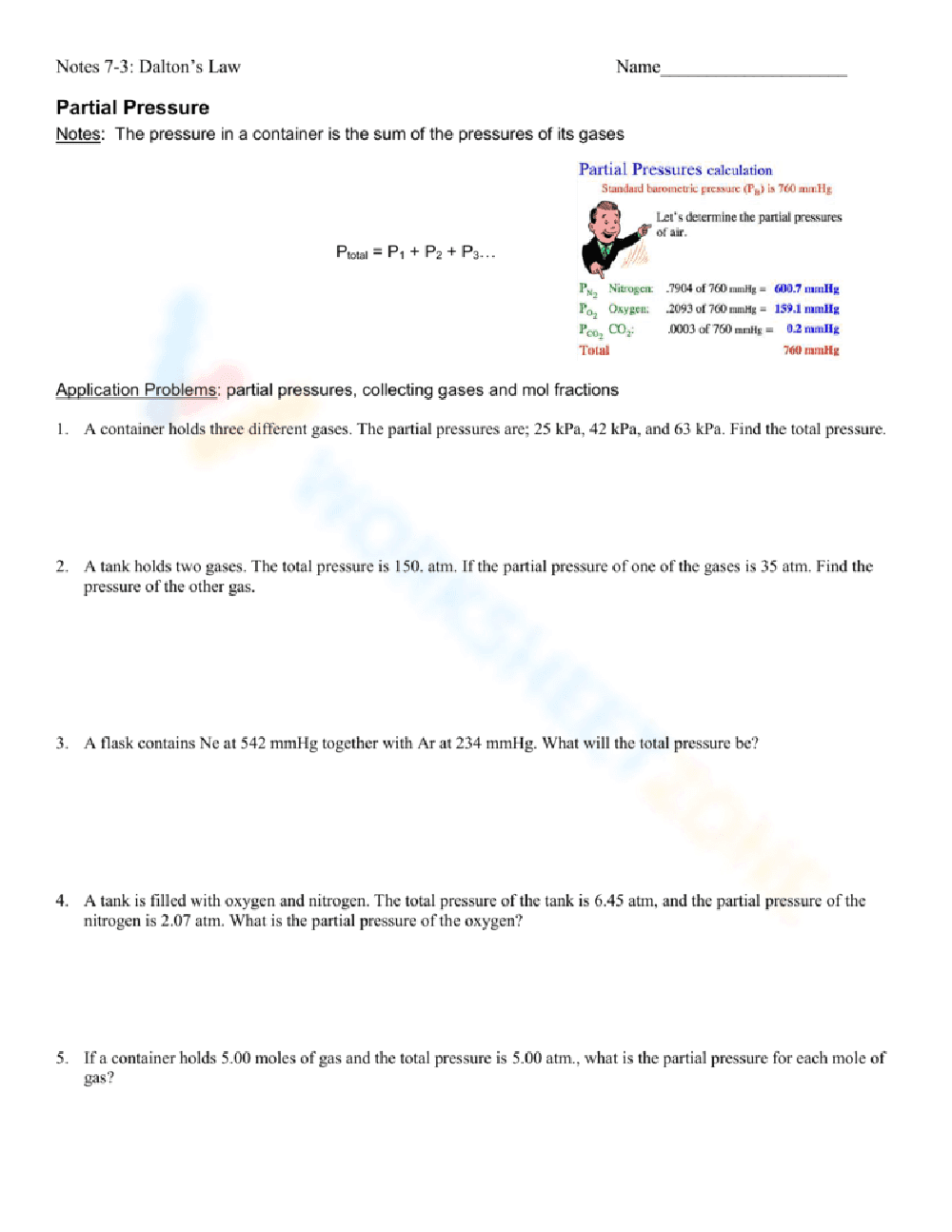 Partial Pressure Worksheet - Page 1
