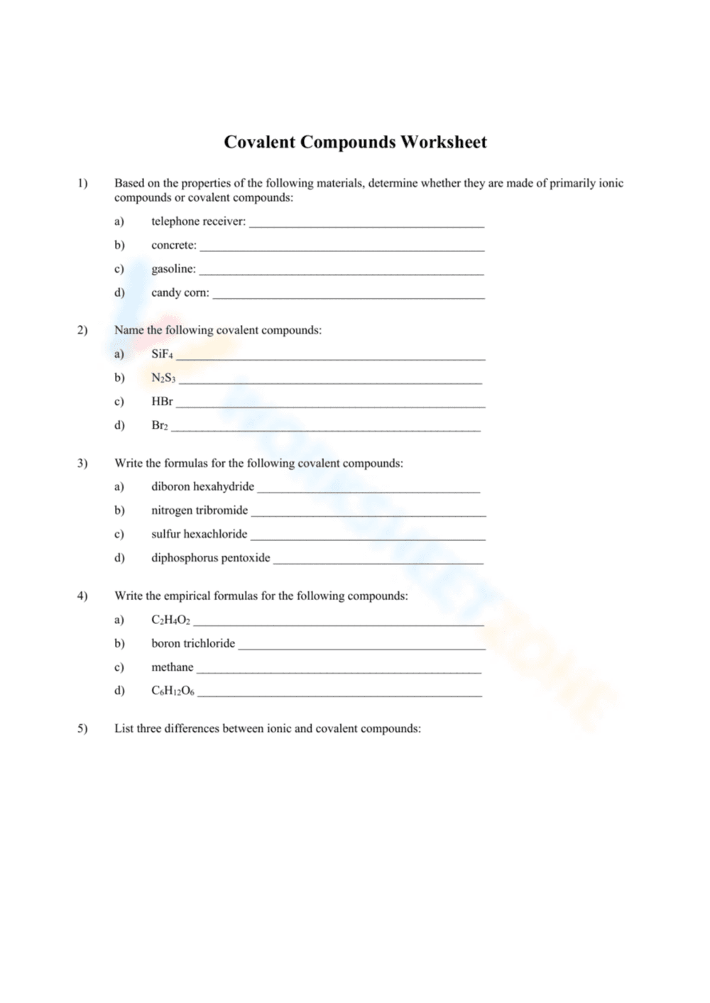Understanding Covalent Compounds Worksheet - Page 1