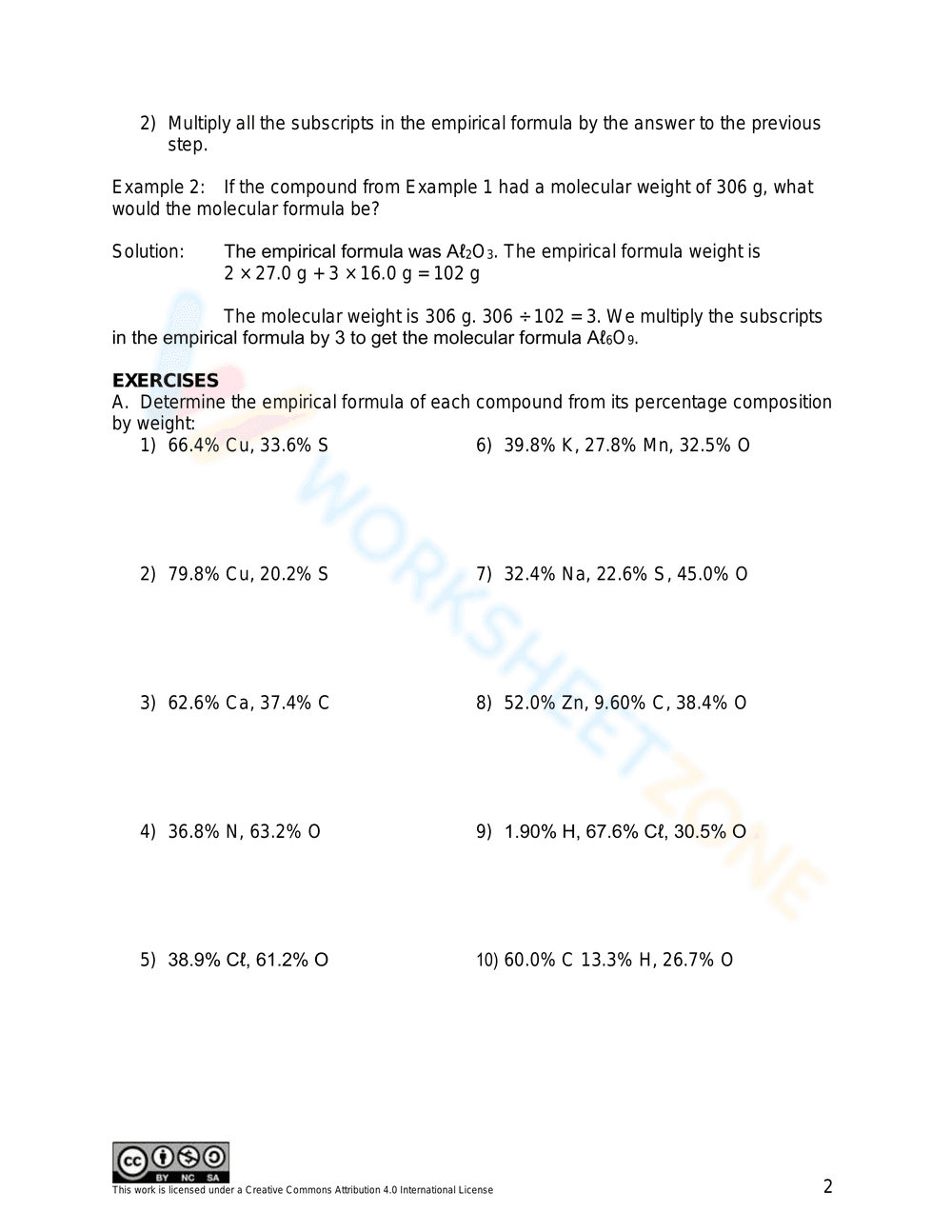 Worksheet: Empirical and Molecular Formula - Page 2