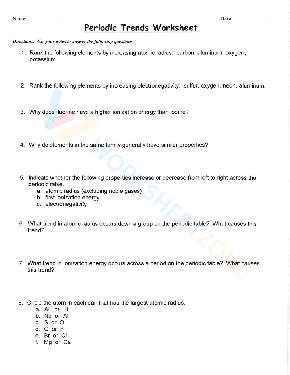 Periodic trends worksheet - Page 1