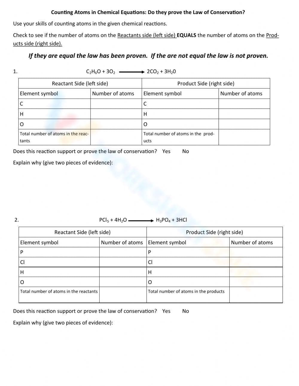 Counting Atoms in Chemical Equations Worksheet - Page 1