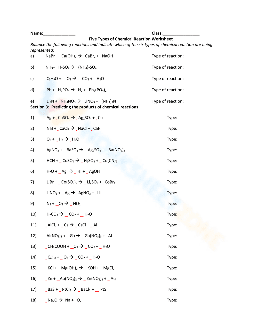 Types of Chemical Reaction Worksheet with Answers - Page 2