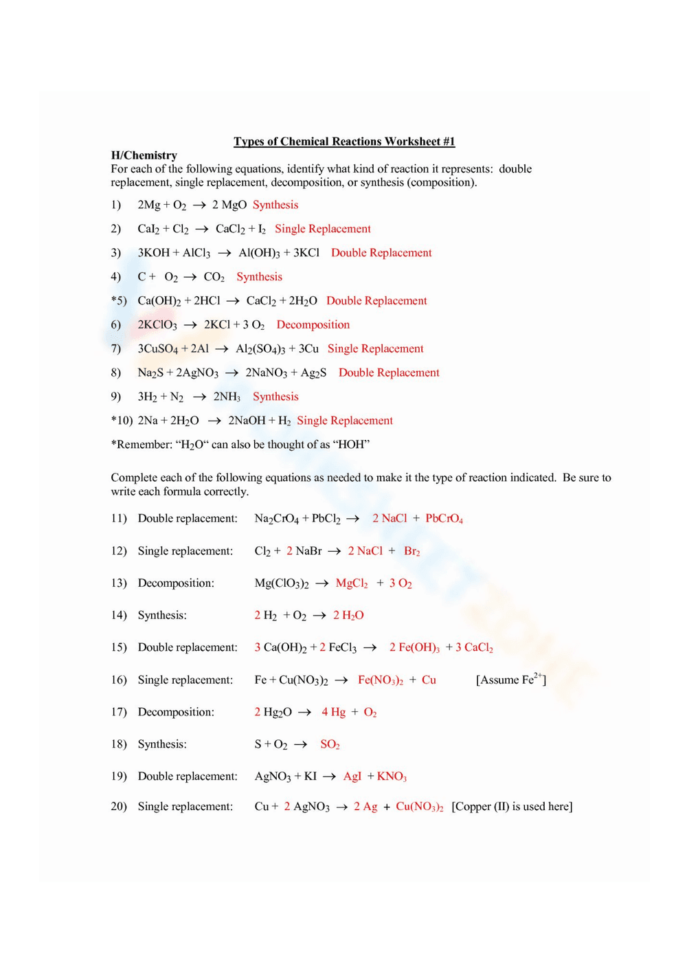 Single and Double Chemical Reactions Worksheet - Page 1