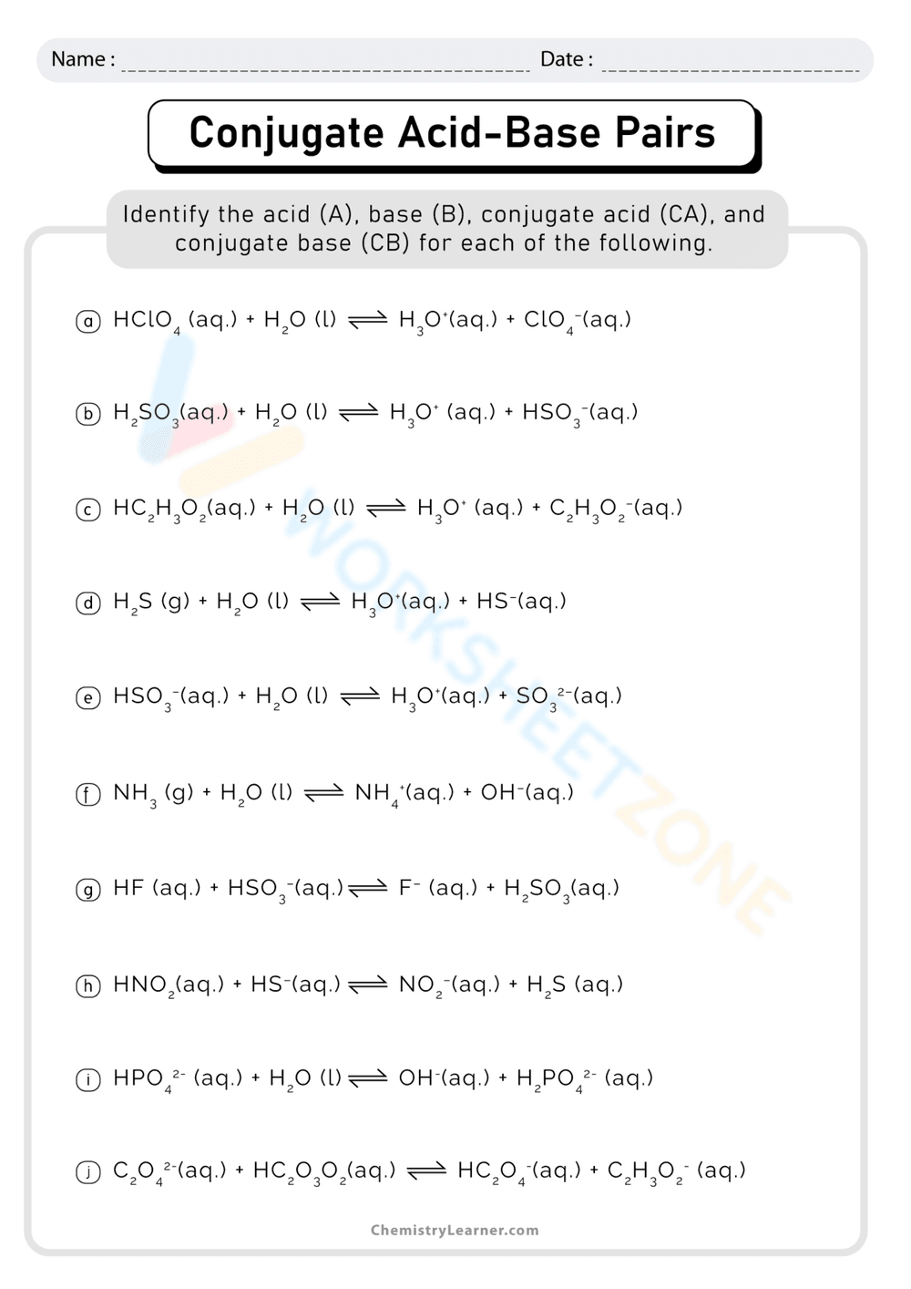 Conjugate Acid and Base Pairs Worksheet - Page 1