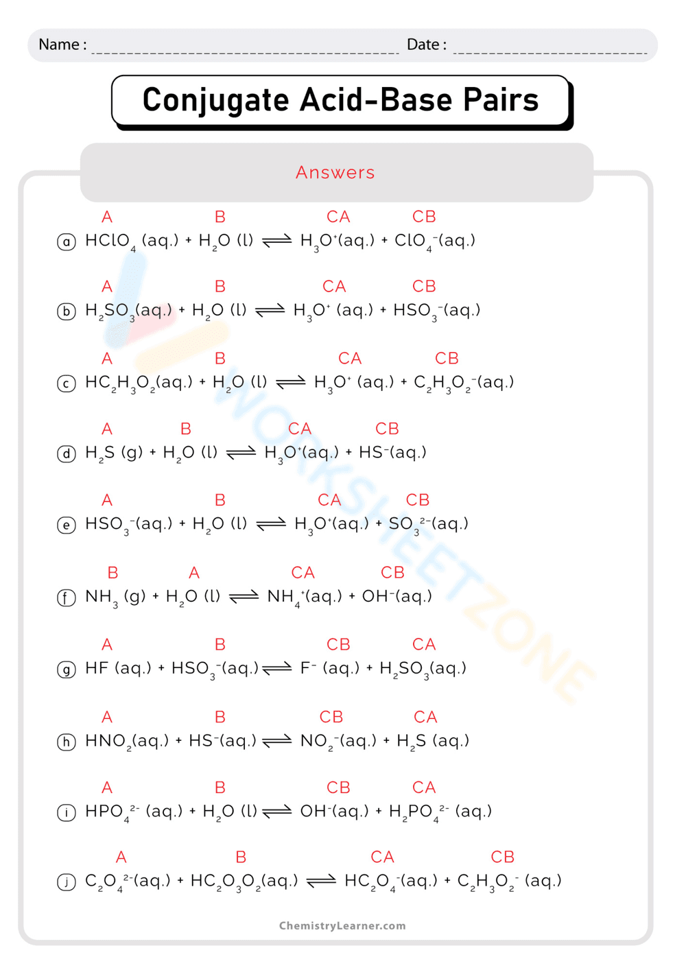 Conjugate Acid and Base Pairs Worksheet - Page 2