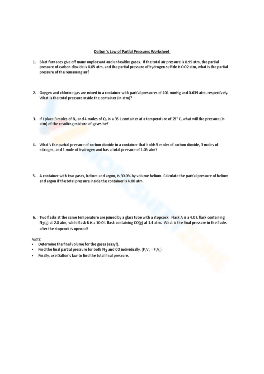 Dalton's Law Practice Problems - Page 1