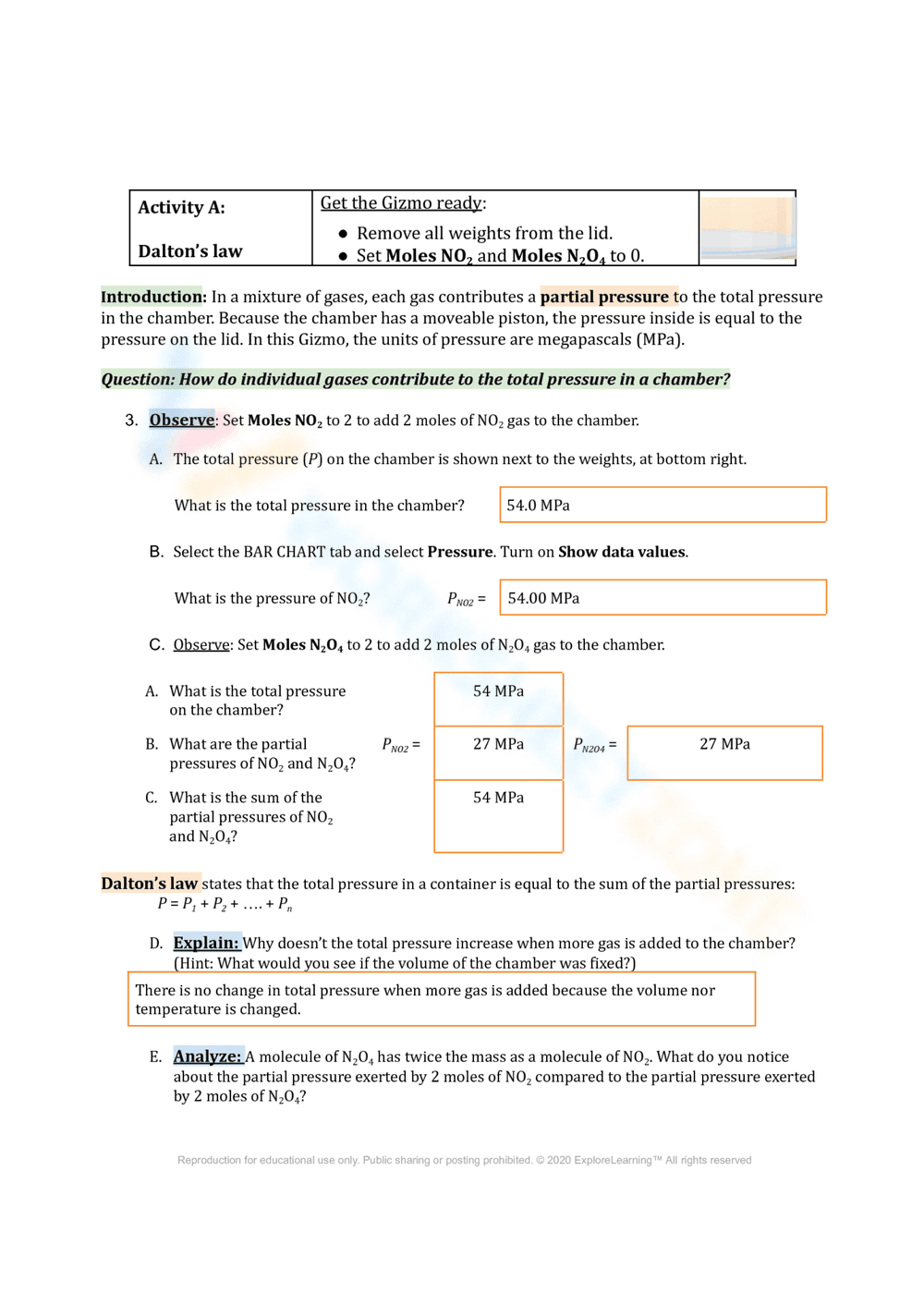 Practice with Dalton's Law of Partial Pressure - Page 1