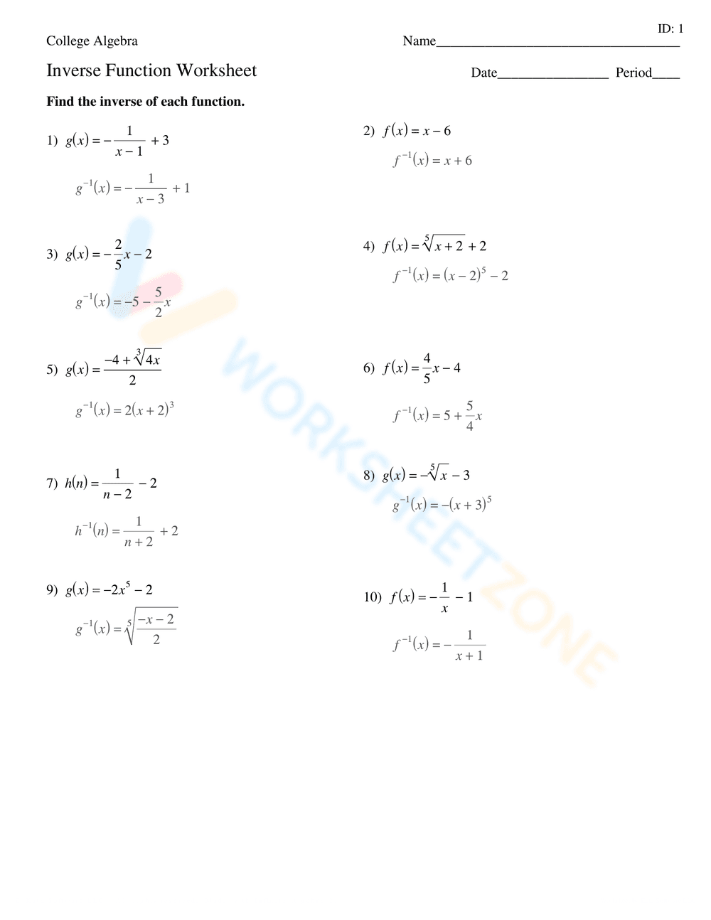 Inverse Function Practice Worksheet - Page 2