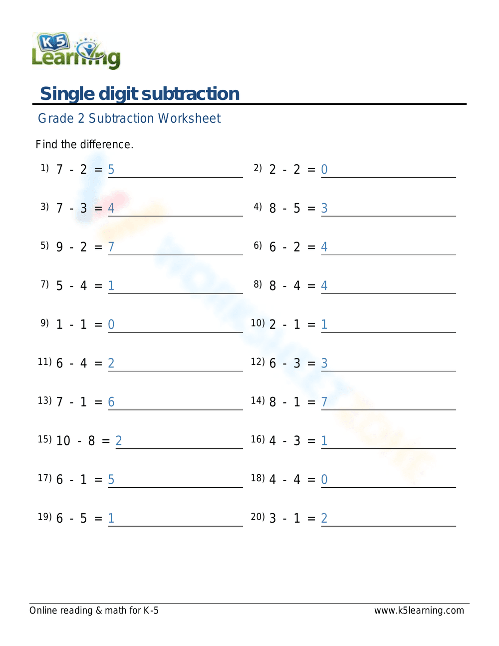 Subtraction 1 digit - Page 2