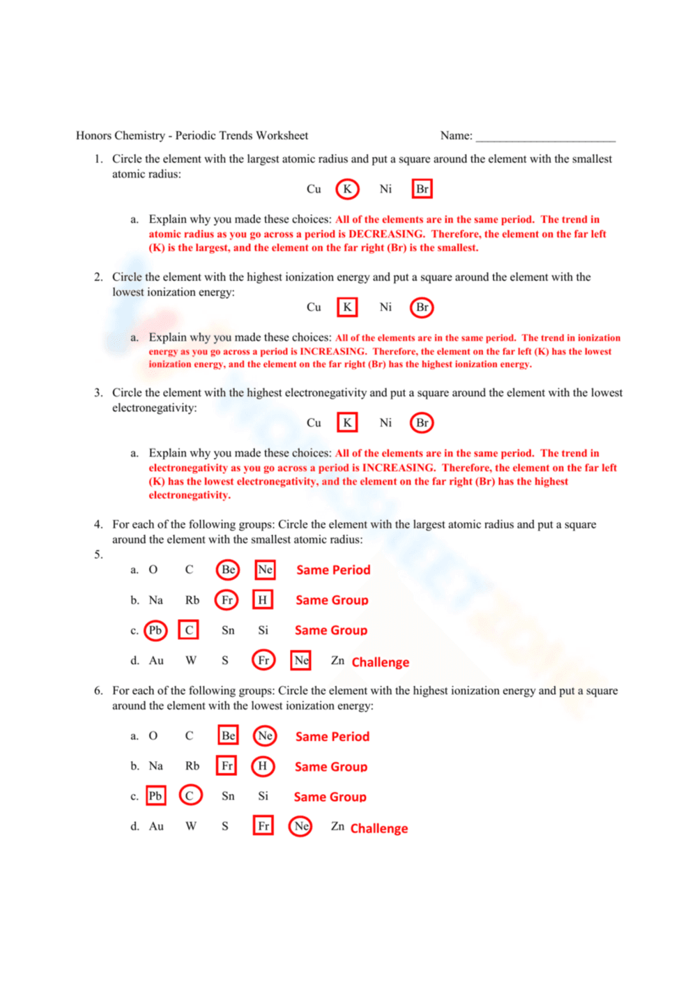 Periodic Trends Answers: Worksheet Practice - Page 1