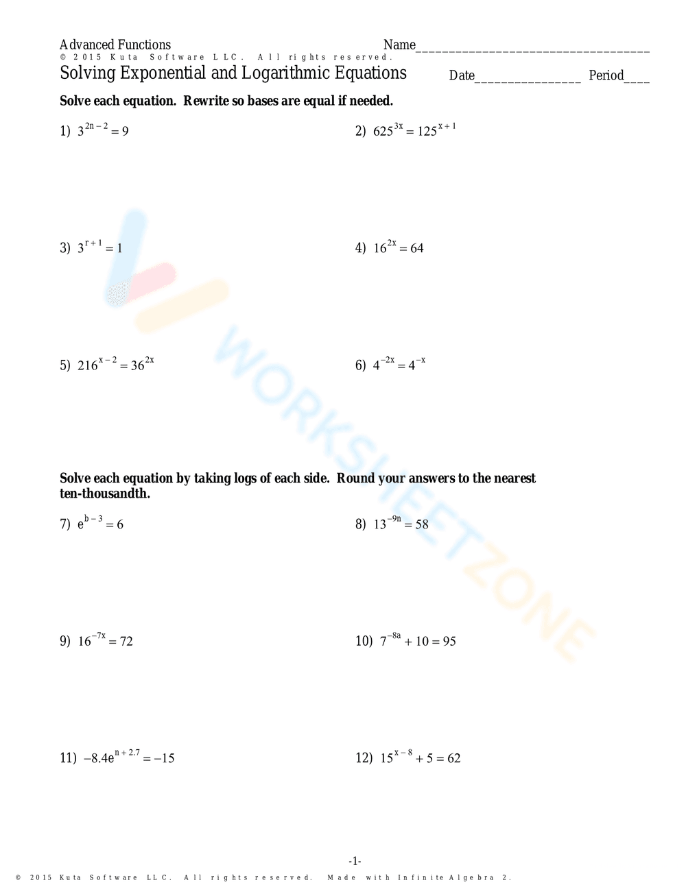 Worksheet on Solving Exponential Equations - Page 1