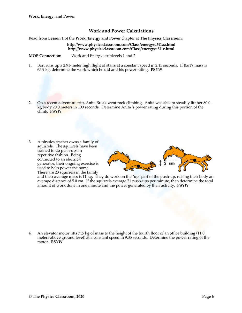 Physics Worksheet: Work, Power and Energy - Page 1
