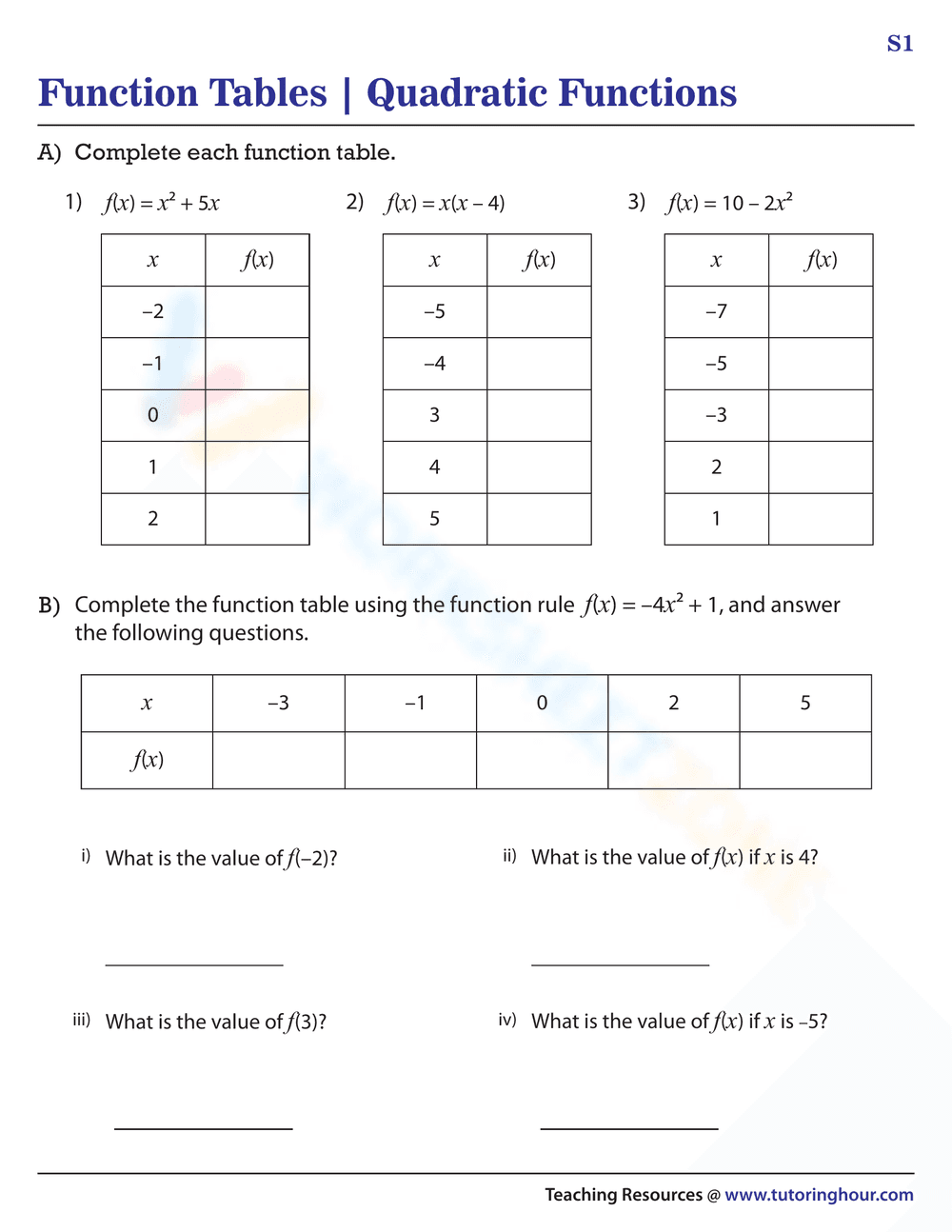 Function Table Practice: Algebra Basics Worksheet - Page 1
