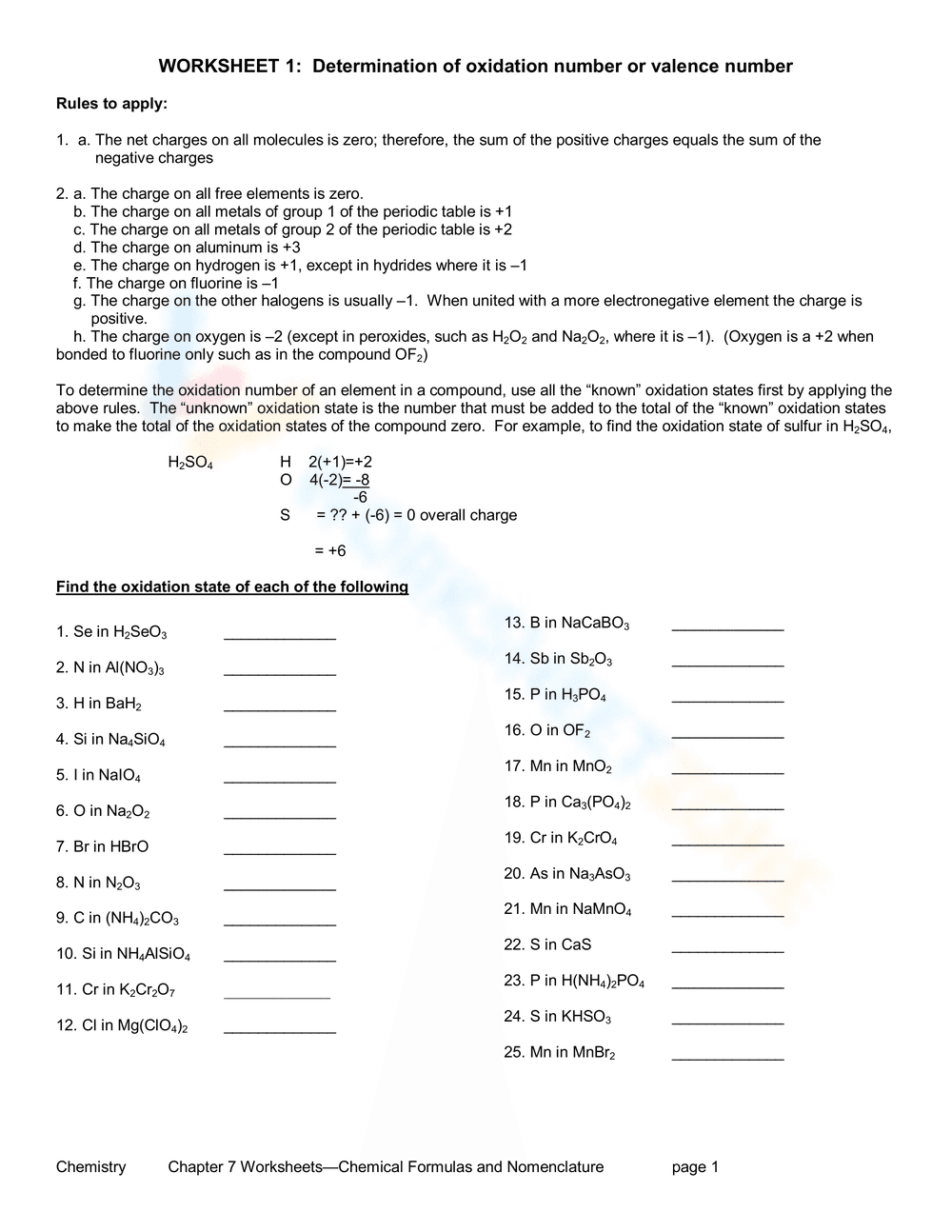 Determine Oxidation Number: Valence Number Practice - Page 1