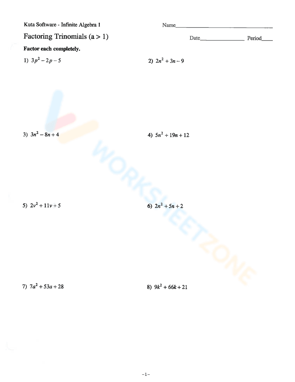 Enhance Algebra Skills with Factoring Trinomials Worksheet - Page 1