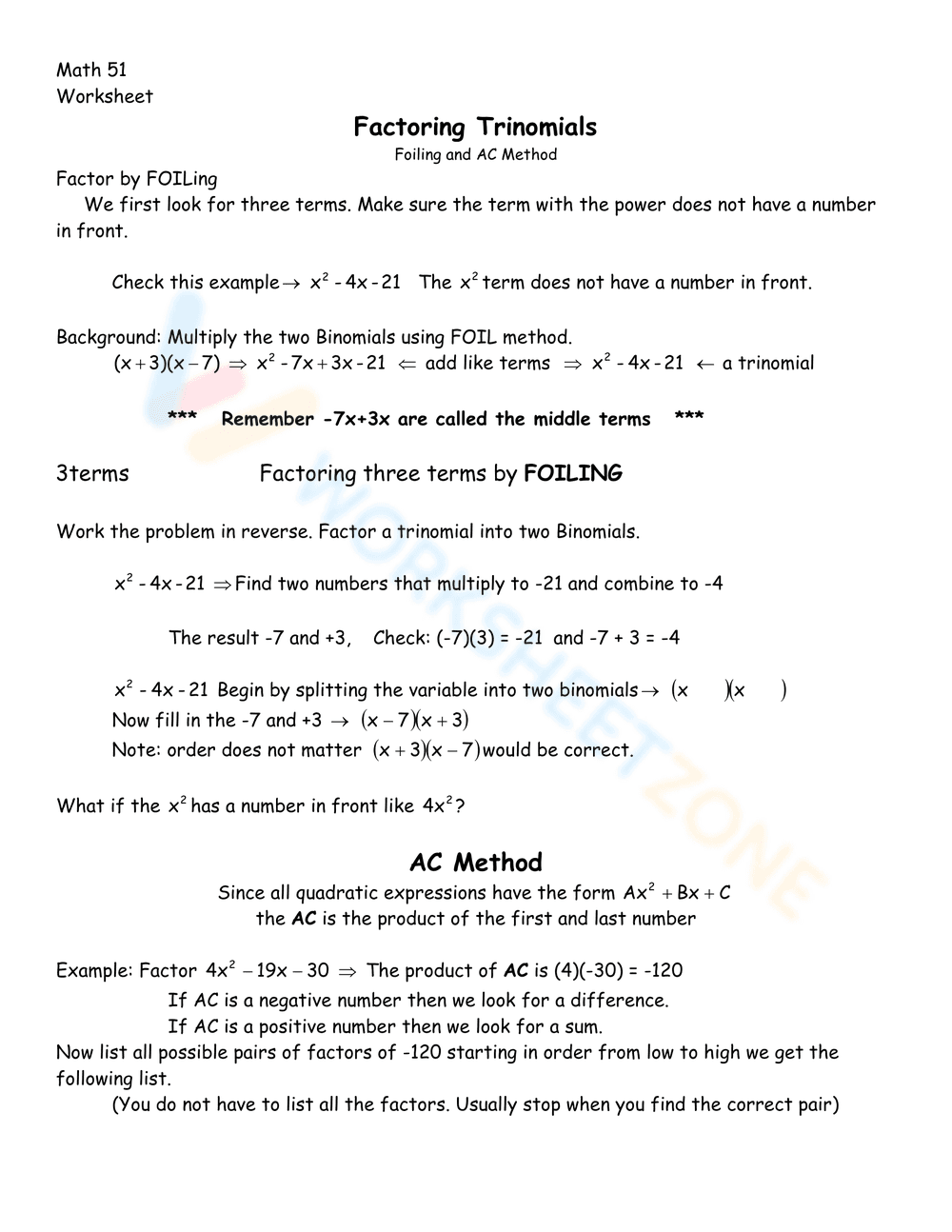 Advanced Factoring Trinomials Practice Worksheet for Algebra - Page 1