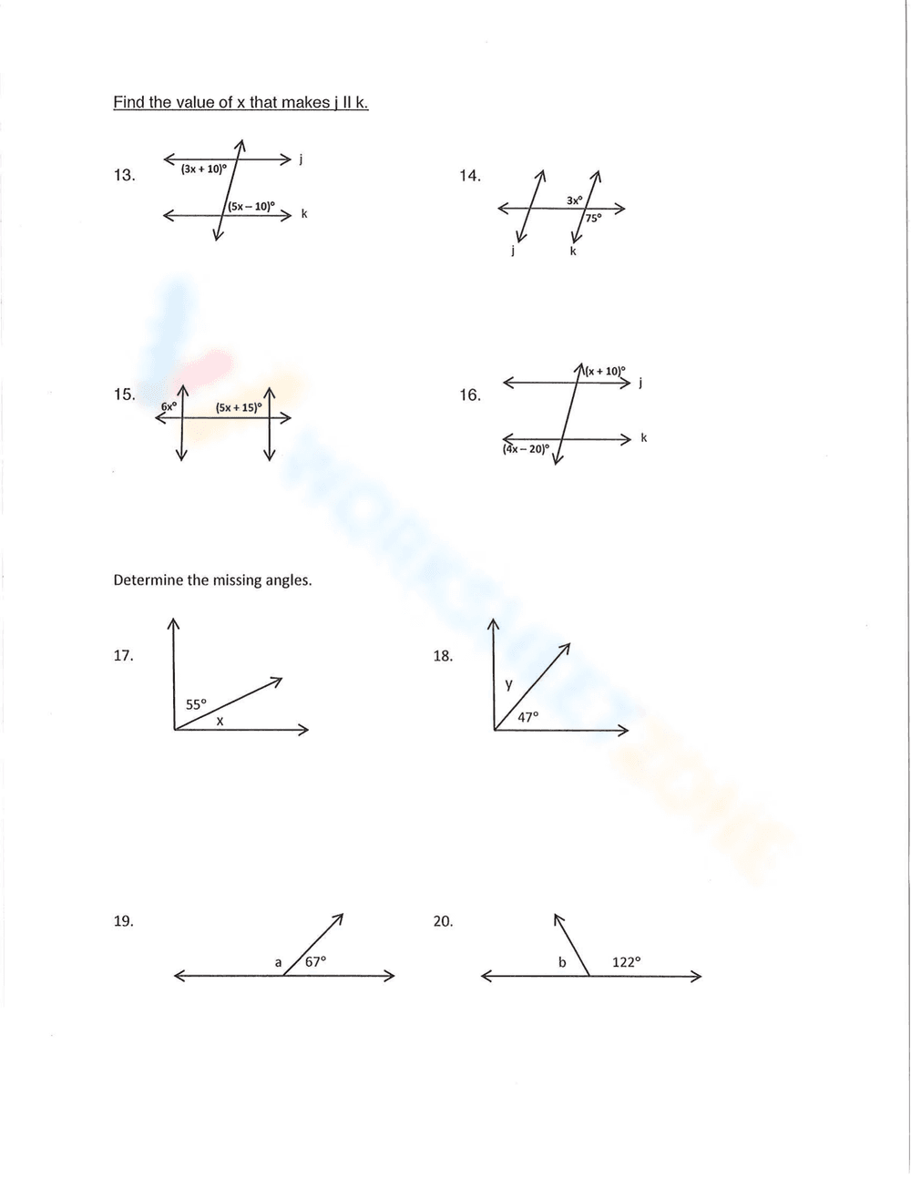 Parallel Line Cut by a Transversal: Geometry Worksheet - Page 1