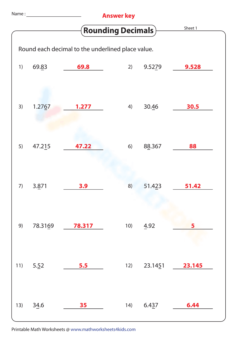 Rounding Decimals 2: Practice Math Skills Worksheet - Page 1
