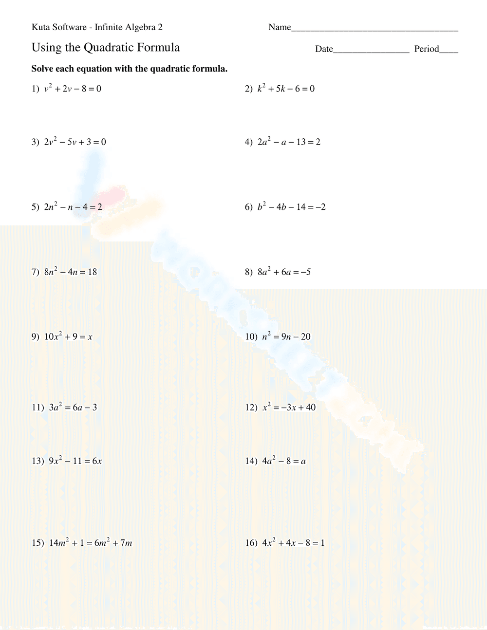 Using the Quadratic Formula - Page 1