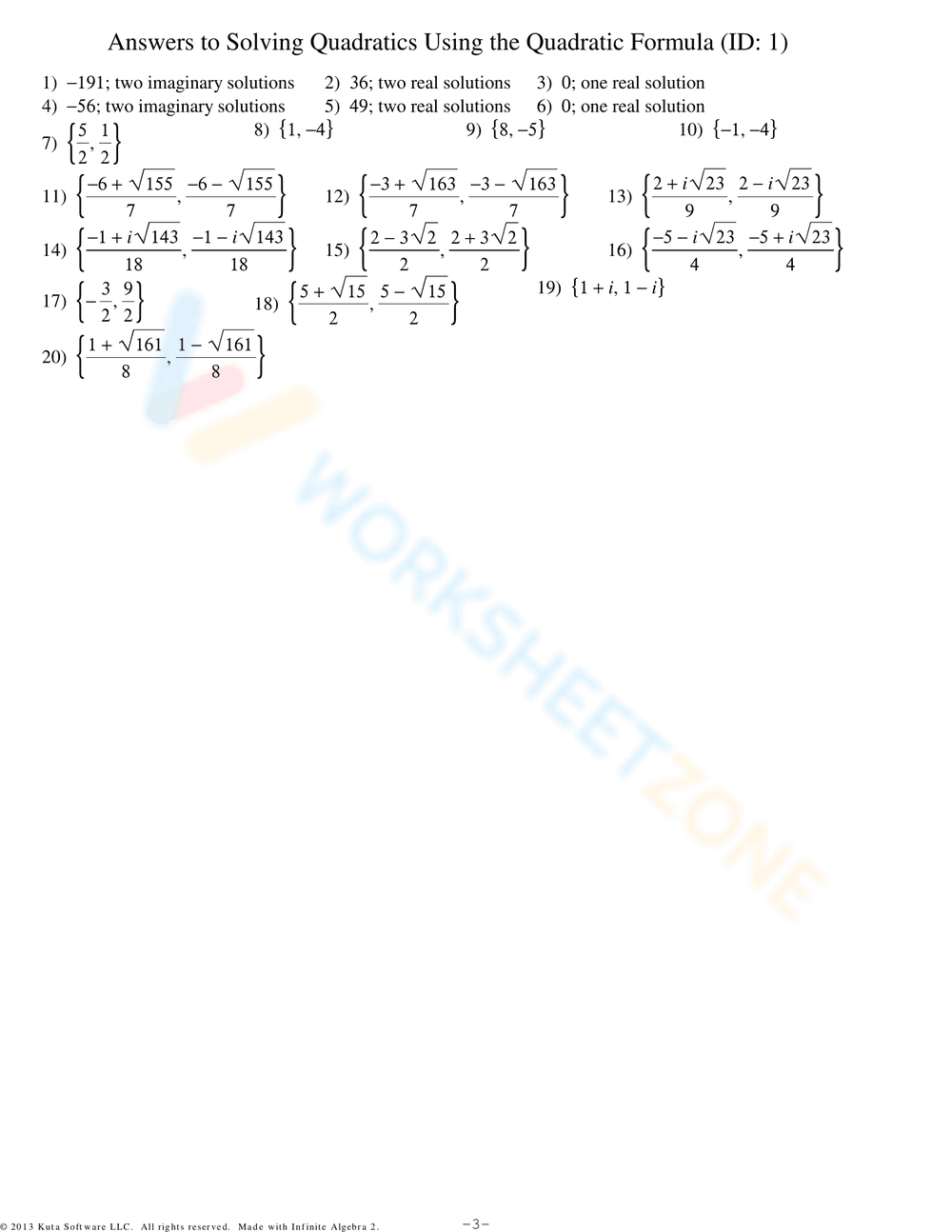 Solving Quadratics Using the Quadratic Formula Worksheet - Page 3