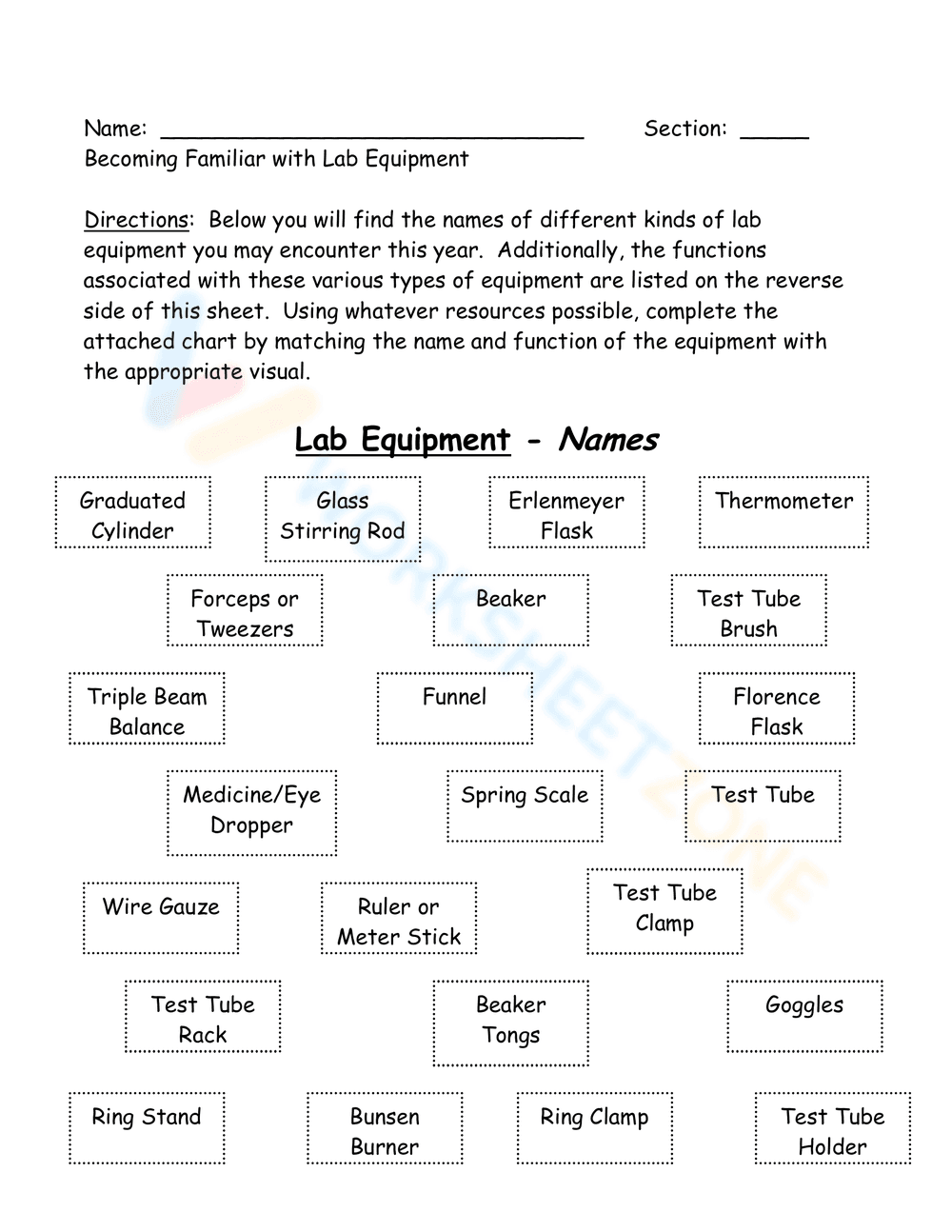 Becoming Familiar with Lab Equipment Worksheet - Page 1