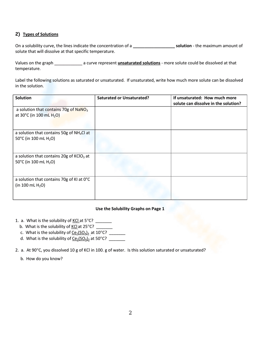 Solubility Curve Worksheet for Chemistry Students - Page 1