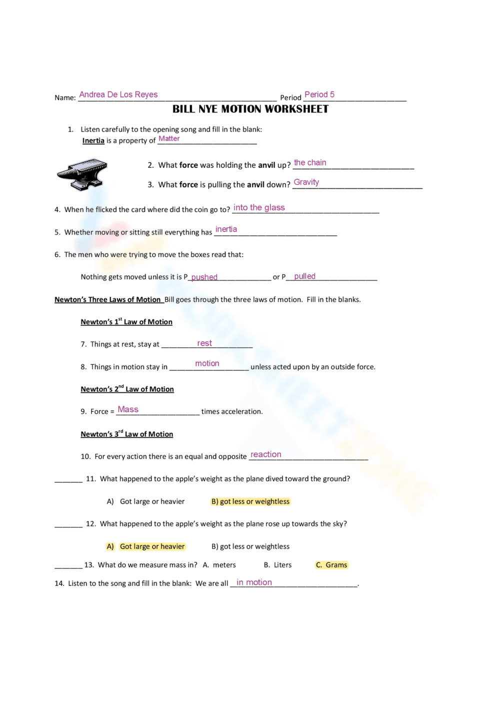Bill Nye Motion Practice Worksheet - Page 1