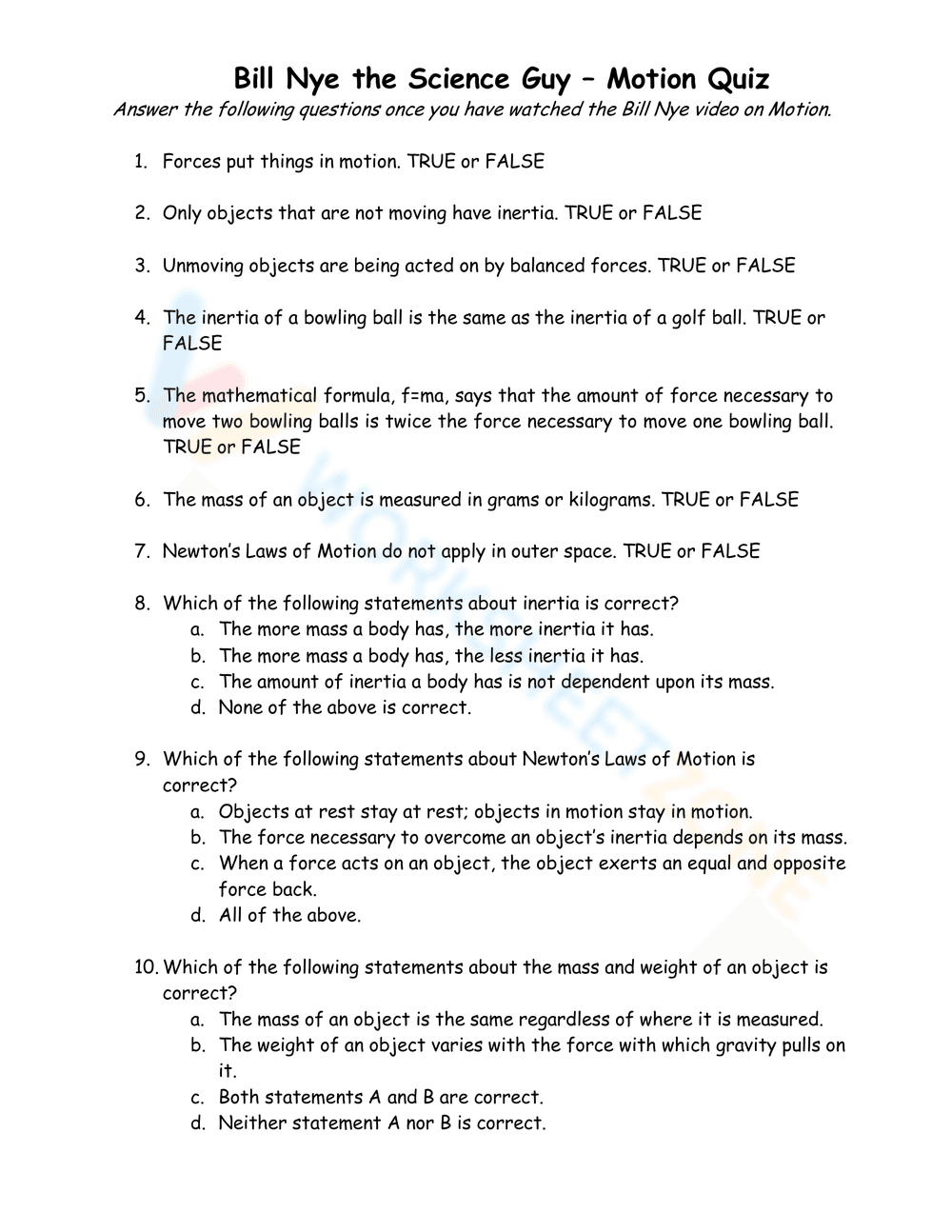Motion Worksheet with Bill Nye Video - Page 2