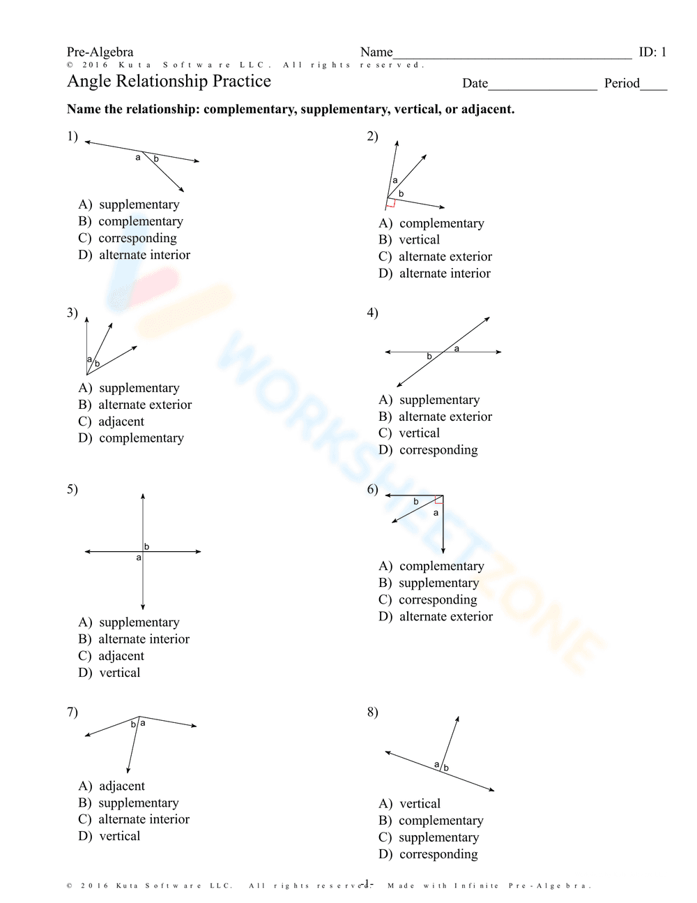 Angle Relationship Practice Worksheet - Page 1
