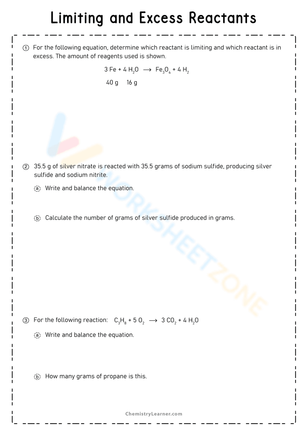 Limiting and Excess Reactants Worksheet - Page 1
