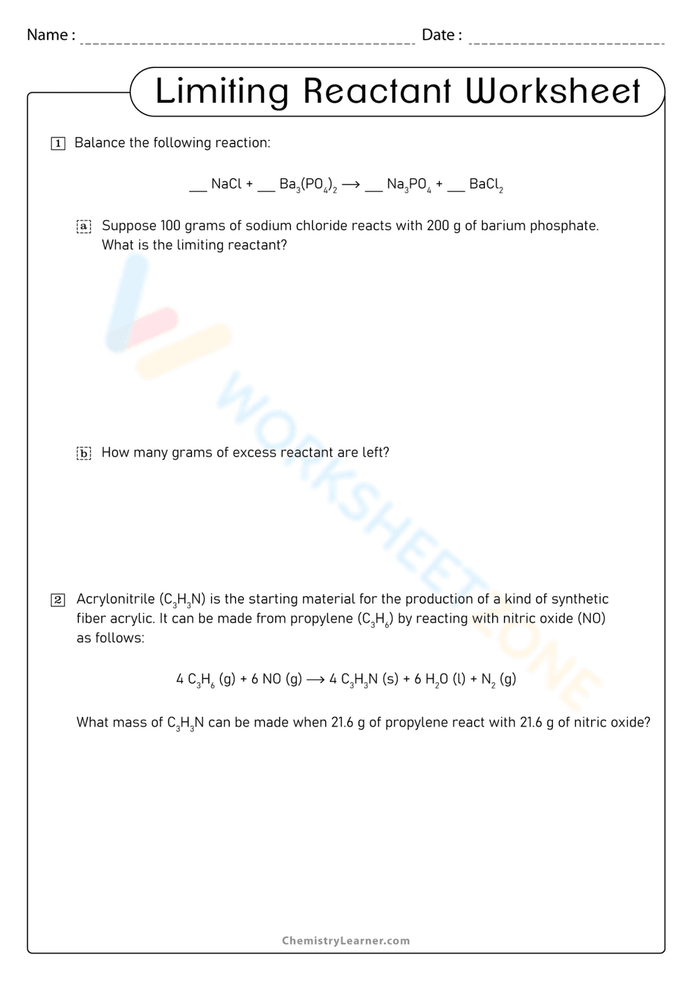 Limiting Reactant Example Worksheet - Page 1