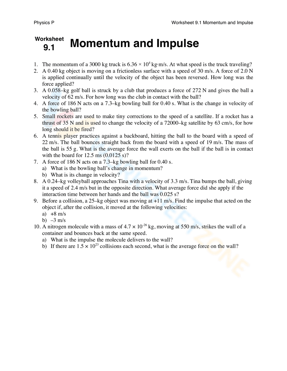 Momentum and Impulse Exploration Worksheet - Page 1