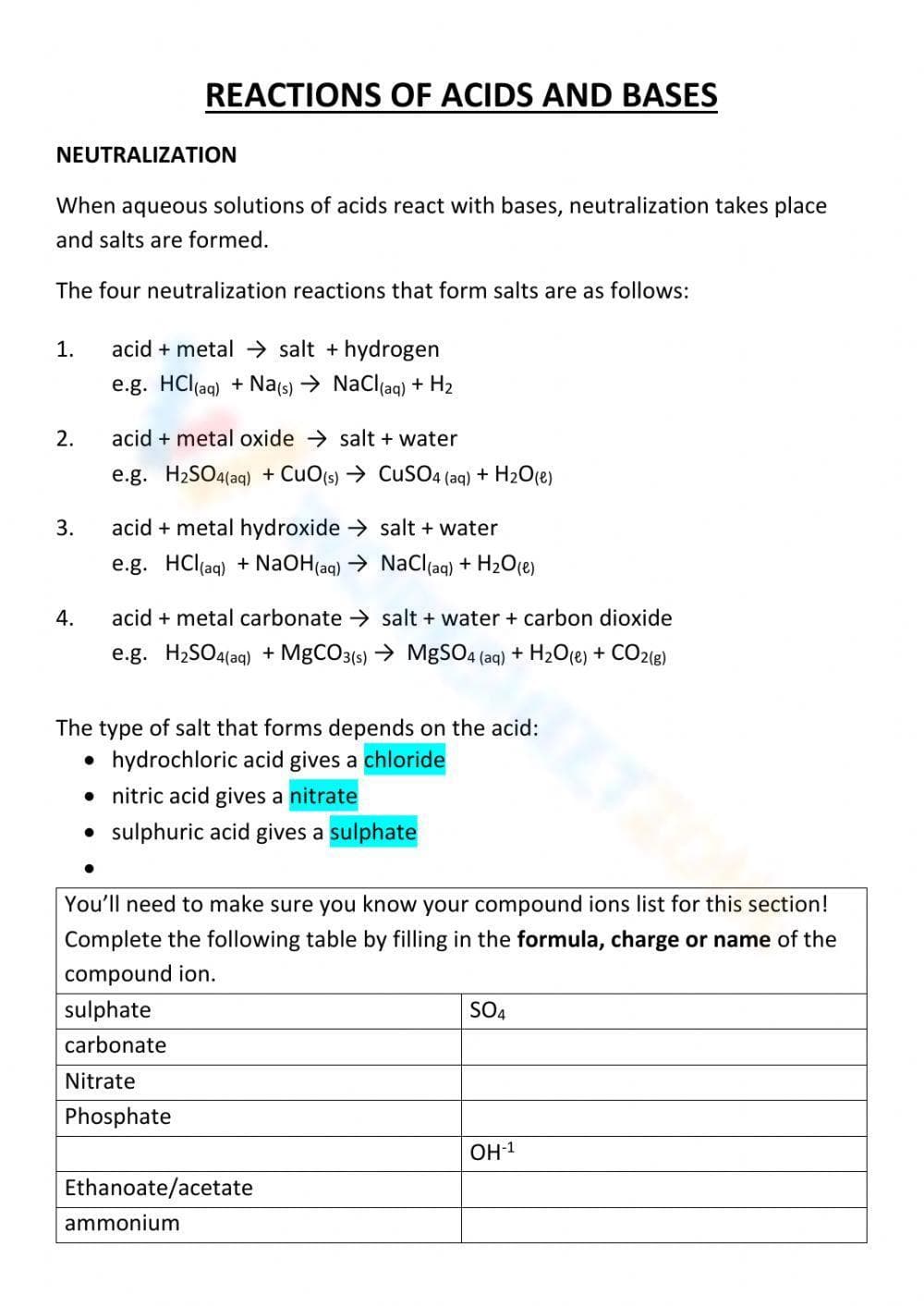 Reactions of Acids and Bases Worksheet - Page 1