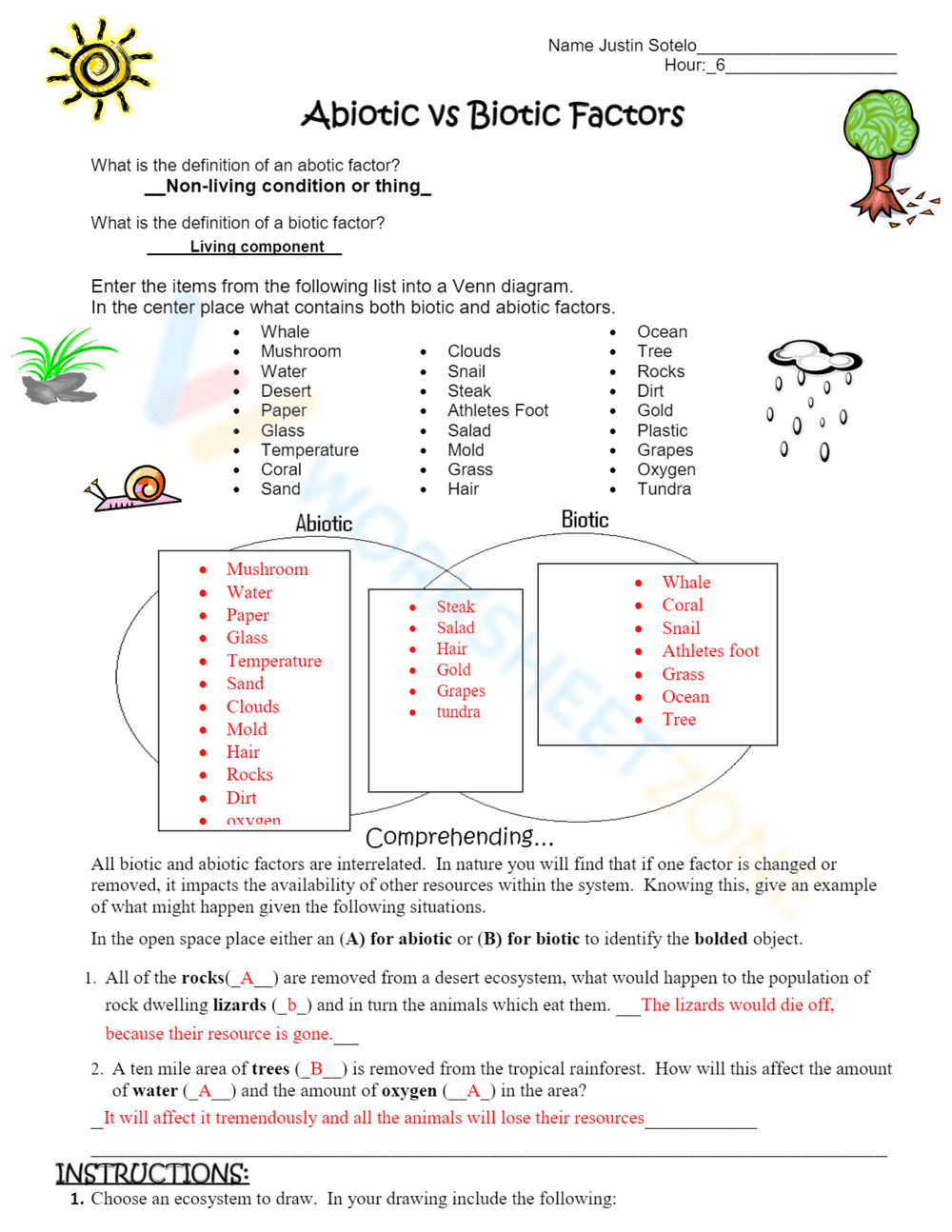 Abiotic vs. Biotic Factors Worksheet with Answer Key - Page 1