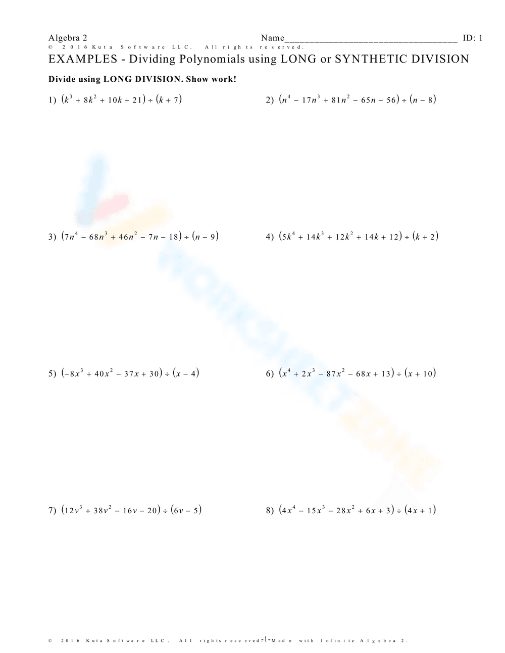 Practice Polynomial Long Division - Page 1