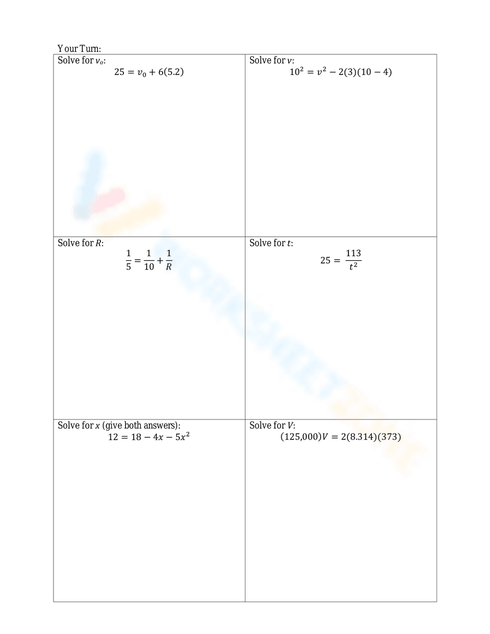 Algebra: Solving Literal Equations Worksheet - Page 1