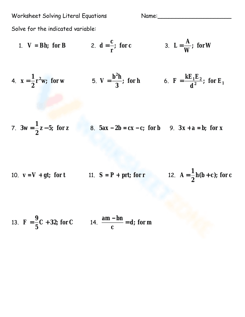 Worksheet on Solving Literal Equations - Page 1