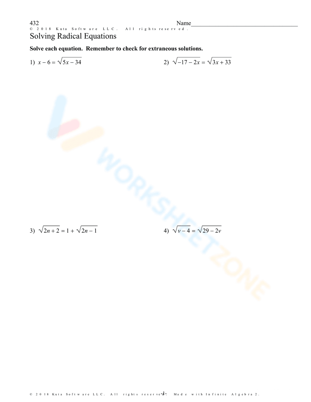 Worksheet: Solving Radical Equations 2 - Page 1