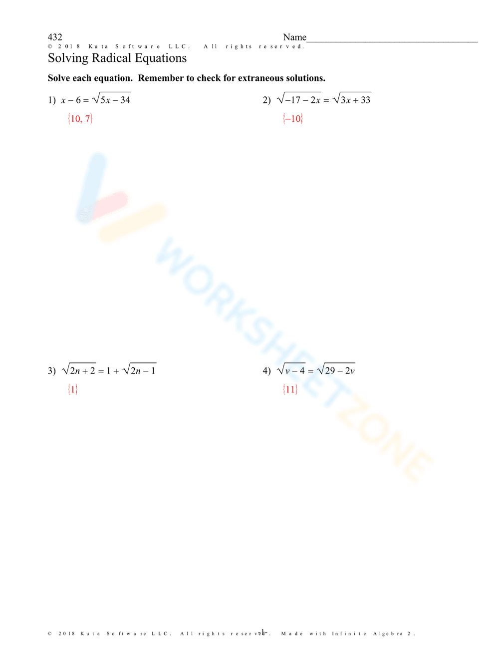 Worksheet: Solving Radical Equations 2 - Page 5