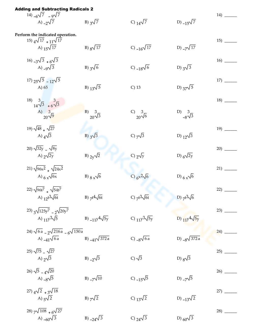 Adding and Subtracting Radicals Worksheet - Page 2