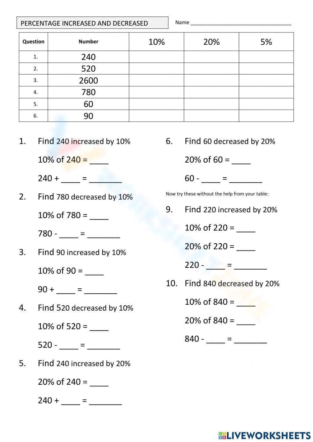 Increase or Decrease Percentage - Page 1