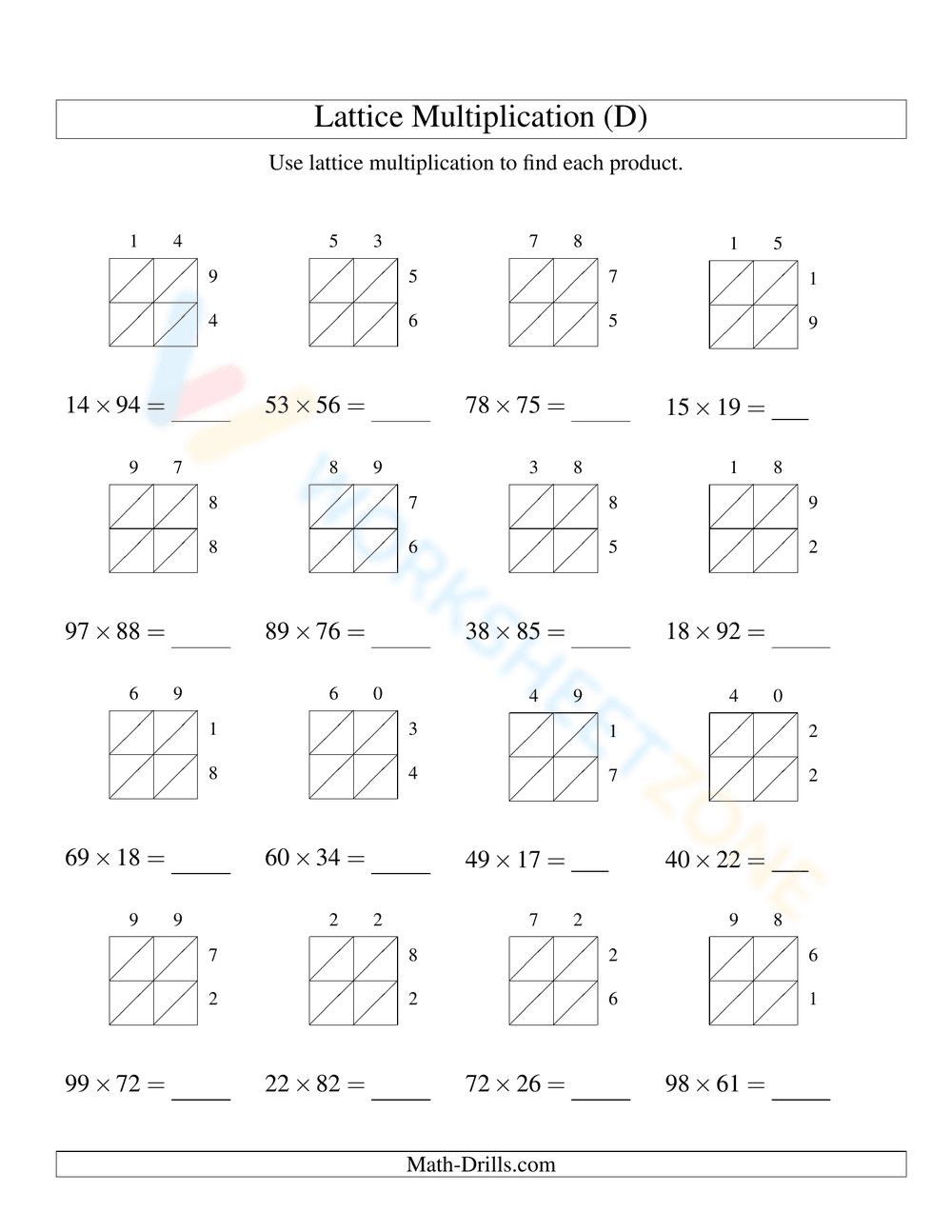 Lattice Multiplication D - Page 1