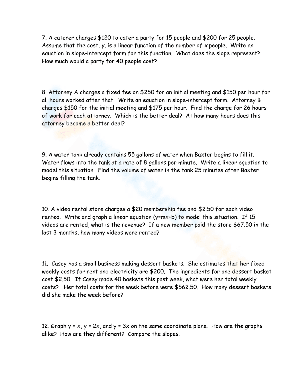 Y=mx+b Word Problems - Page 1