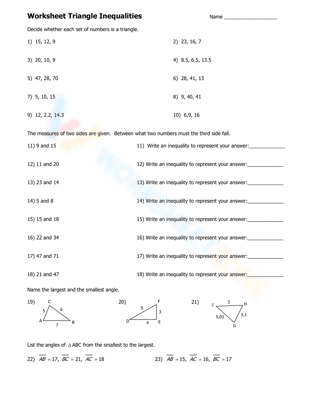 Triangle Inequalities Worksheet - Page 1