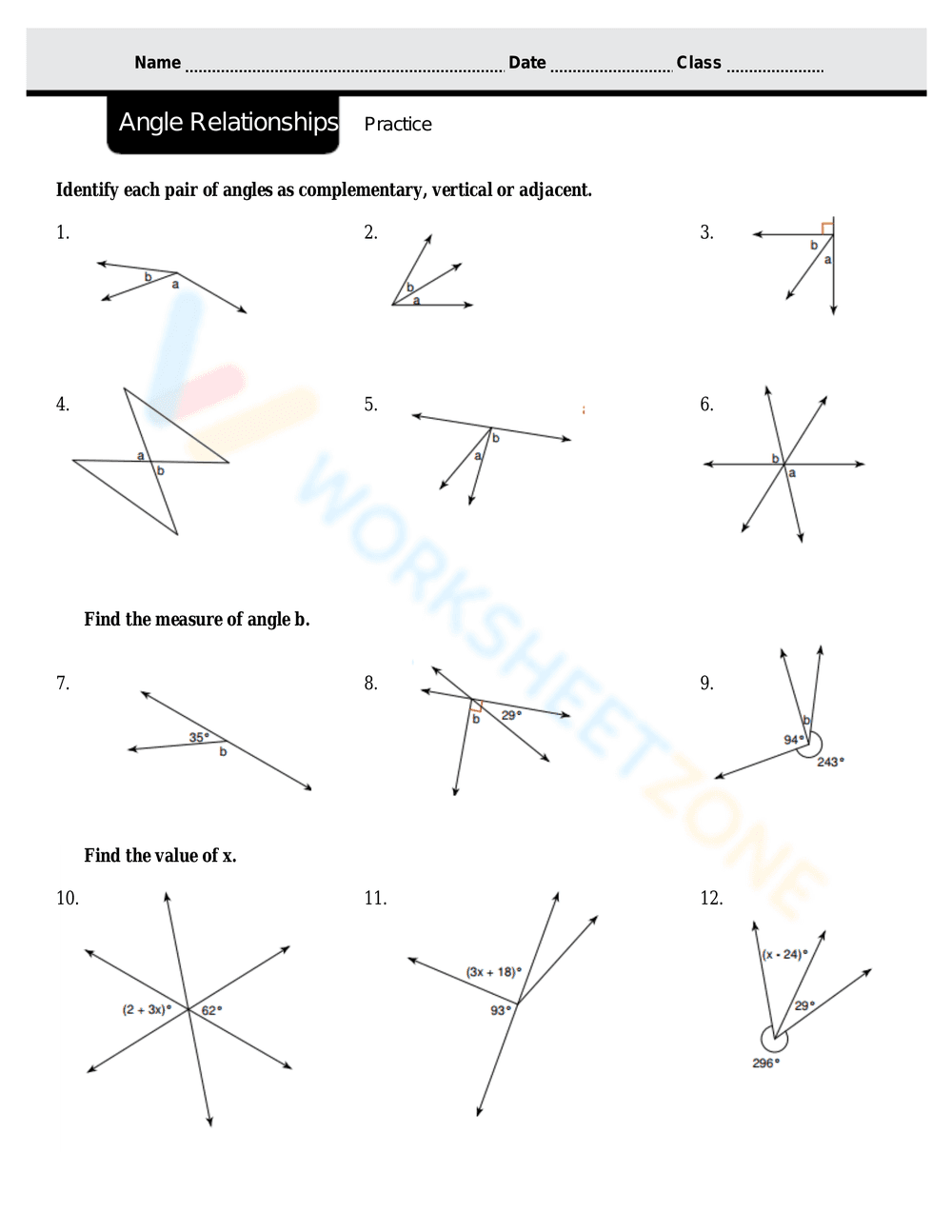 Angle Relationships Practice Worksheet - Page 1
