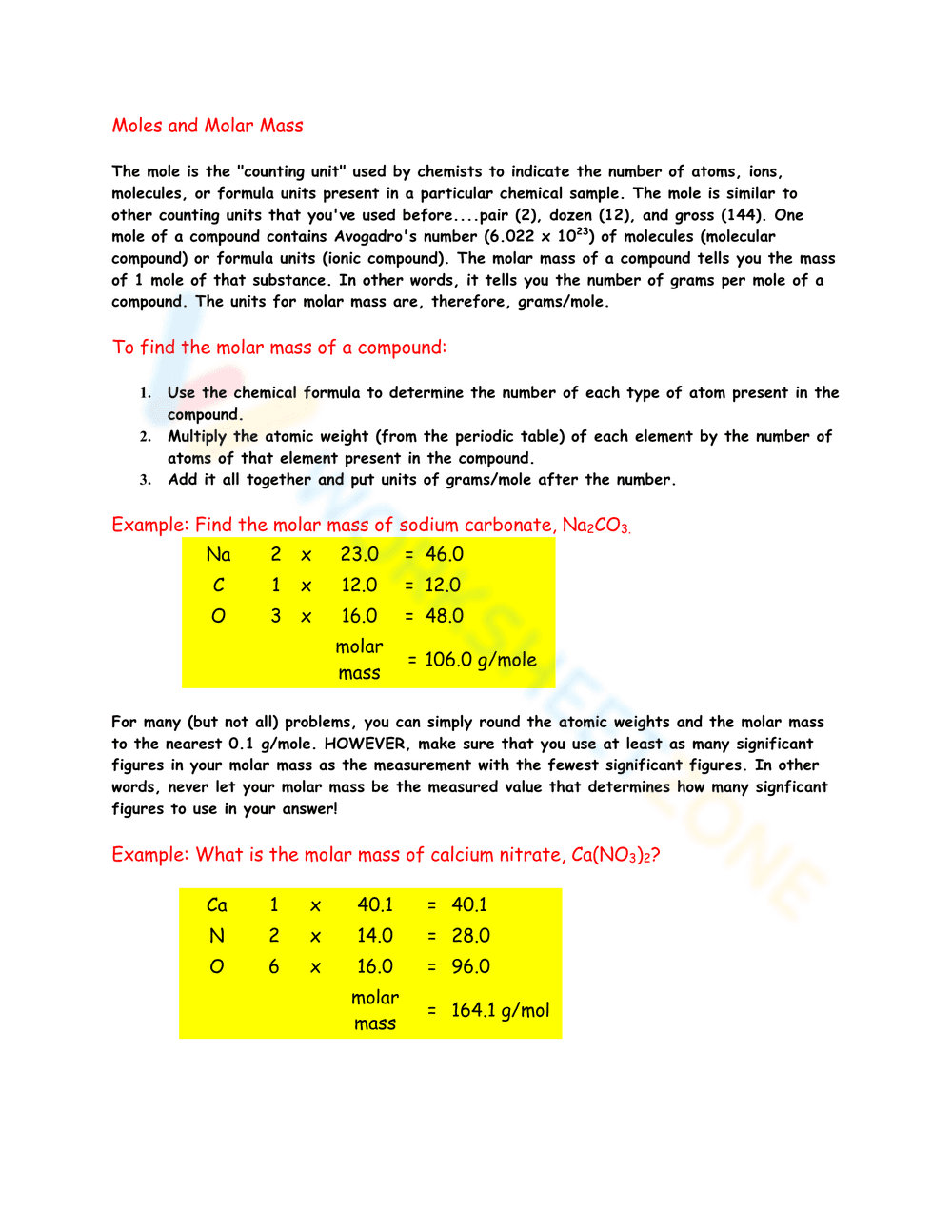 Calculating Moles and Molar Mass - Page 1